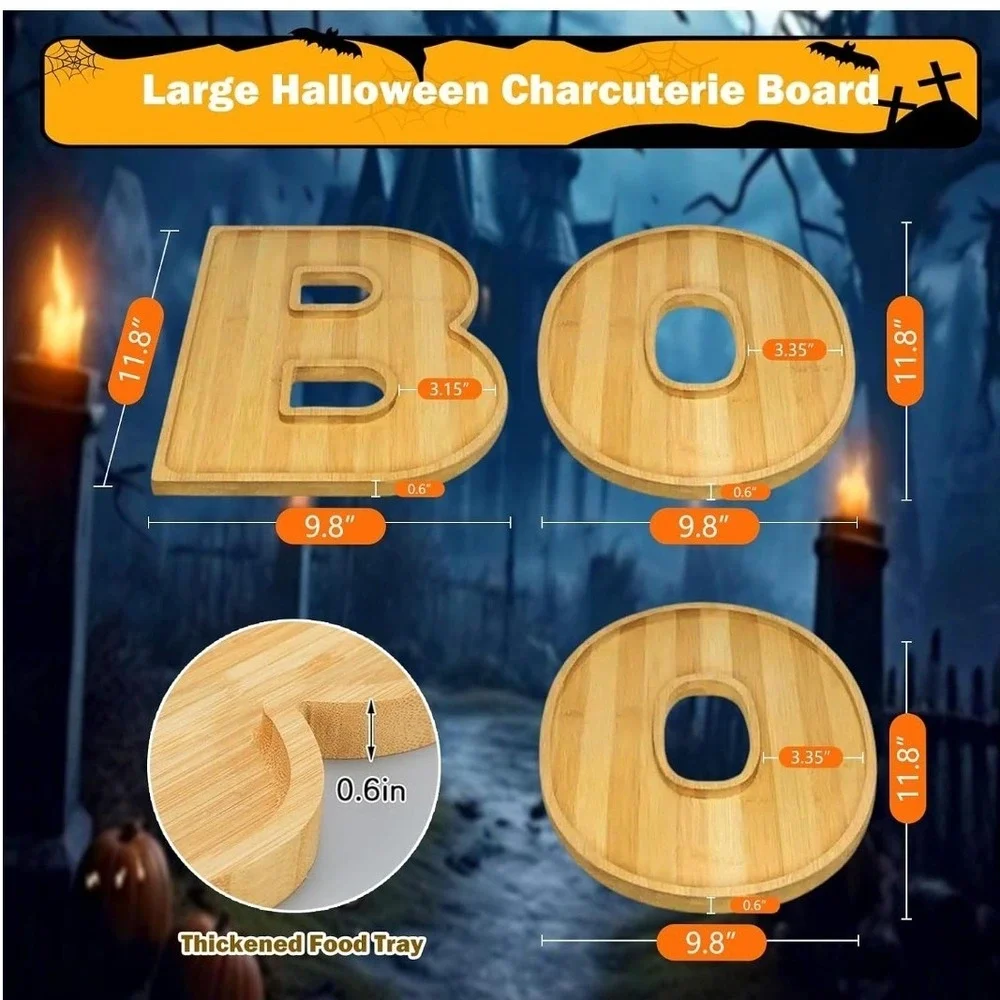 Halloween BOO Bamboo Charcuterie Board Set 3pc Large Wood Serving Trays